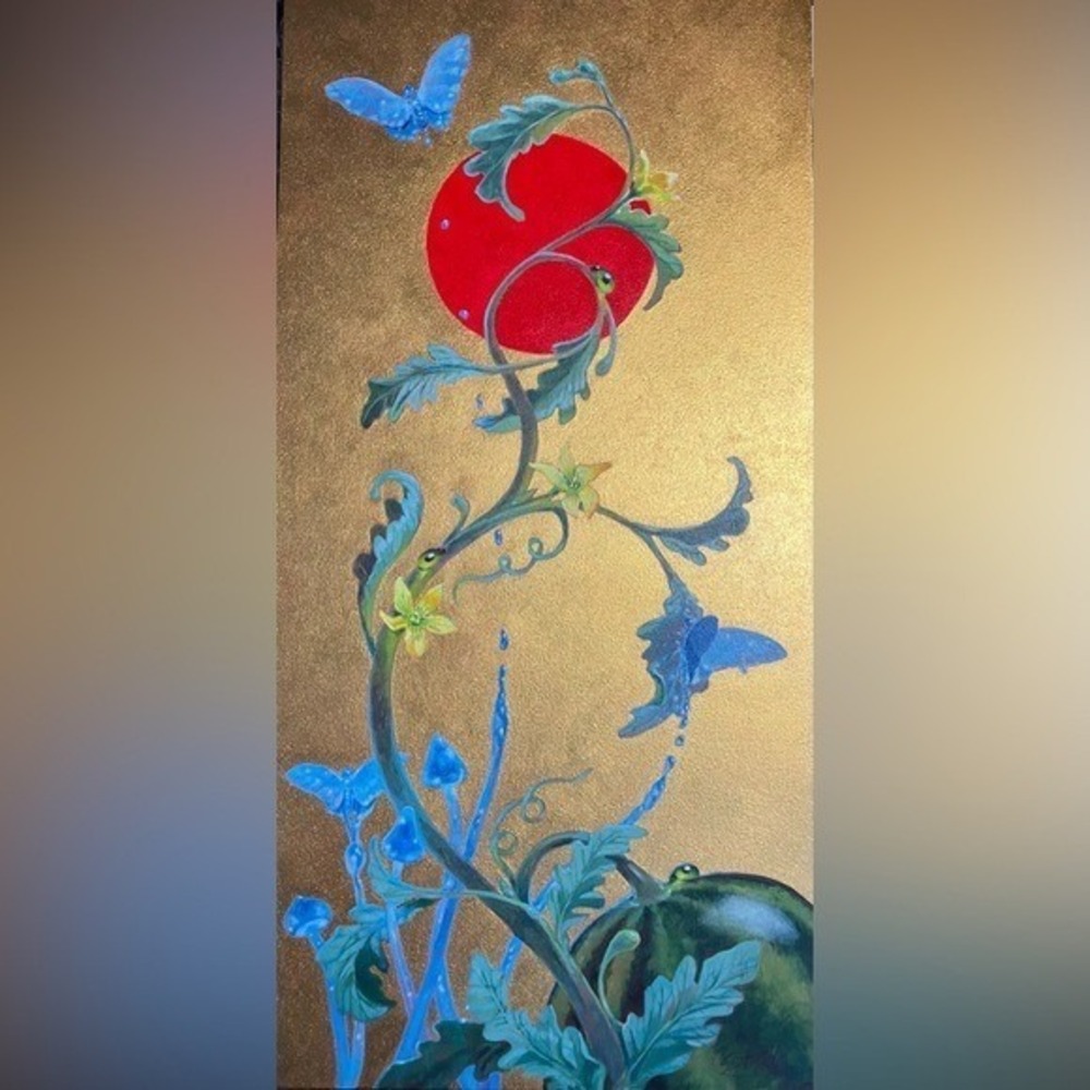 ORIGINAL Butterfly's Painting Surrealist Watermelon Mushroom Art Gold Accent EAE